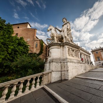 Statue of Castor at the Cordonata Stairs to the Piazza del Campidoglio Square at the Capitoline Hill, Rome, Italy