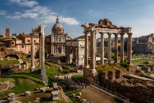 Roman Forum (Foro Romano) and Ruins of Septimius Severus Arch and Saturn Temple in Rome, Italy