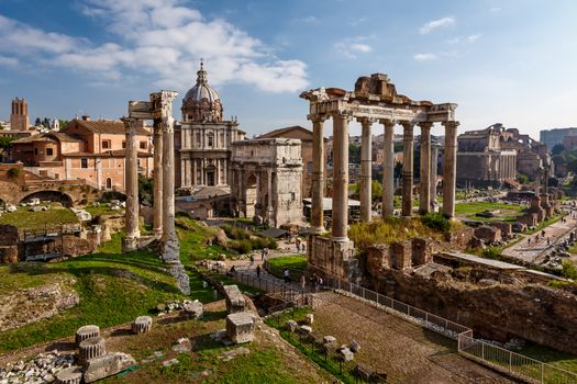 Roman Forum (Foro Romano) and Ruins of Septimius Severus Arch and Saturn Temple in Rome, Italy