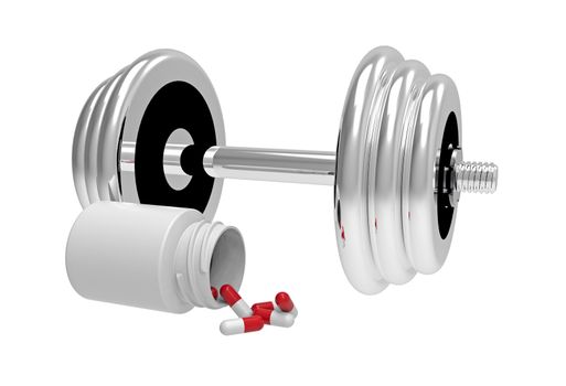 Dumbbells with vial of pills, on white background, 3D render