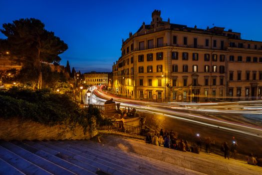 Marcello Theater and Traffic Trails on Via Marcello, View from Capitoline Hill, Rome, Italy