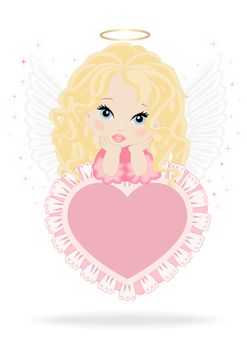 Angel sitting on a pink heart isolated on white background