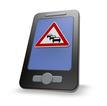 smartphone with road sign traffic jam on white background - 3d illustration