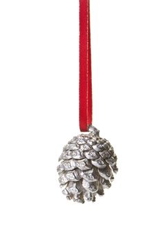 silver pine cones with red ribbon hanging, isolated with white background 