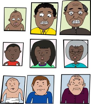 Three cartoons of people in the aging cycle