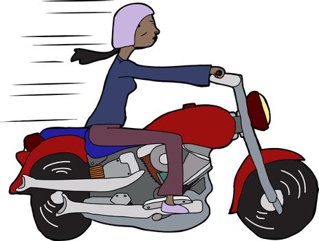 Young woman riding motorcycle on isolated background