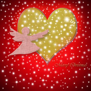 Merry Christmas greeting card ,heart and angel in starry red background