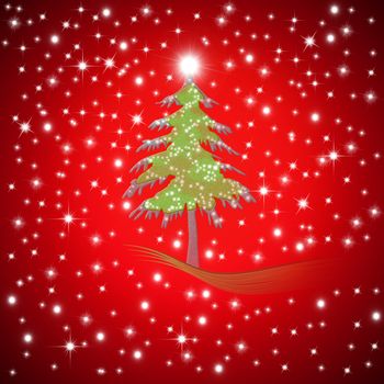 Red Christmas greeting Fir tree in starry red background