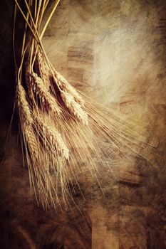 Ears of wheat on rustic wooden table