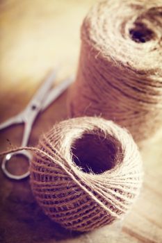 Natural style twine cord on rustic wooden table