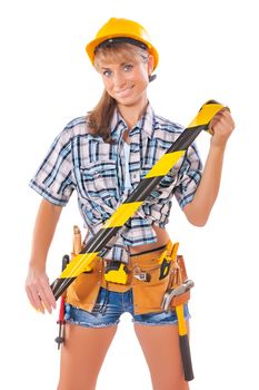 sexy female construction worker holding caution tape