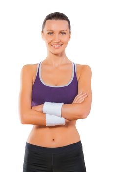 Sports woman portrait isolated on white background. Smiling fema