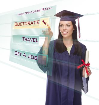 Attractive Young Mixed Race Female Graduate in Cap and Gown Choosing Doctorate Post Graduate Path Button on Futuristic Translucent Panel.