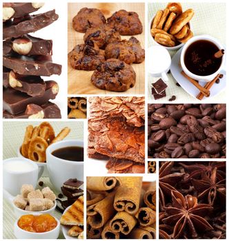 Collection of Coffee Cups, Chocolate, Pastry and Cookies, Coffee Beans and Spices closeup