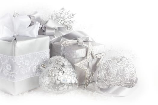 Silver christmas card with gifts and decoration