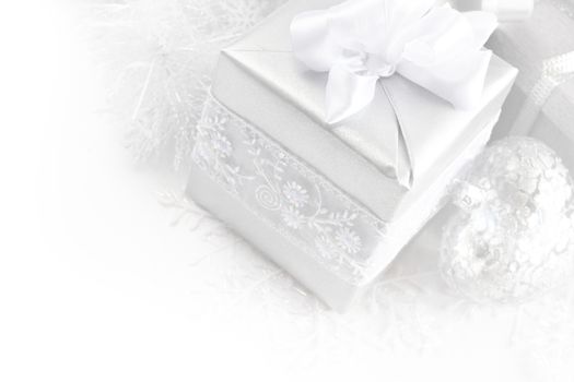 Silver christmas card with gifts and decoration