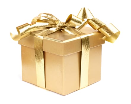 Golden gift box decotated with ribbon isolated on white background