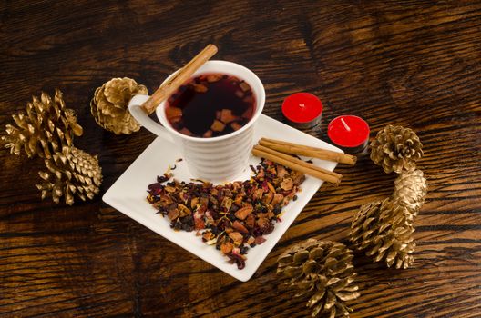 Hot drink in a still life with Christmas decoration