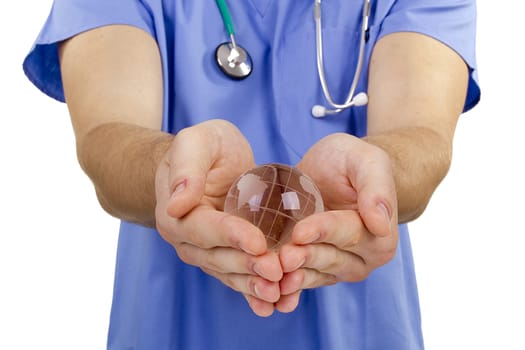 Doctor hand holding a symbolic globe. Global medicine.