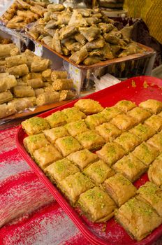 An assortment of Moroccan  pastries on a street market stall