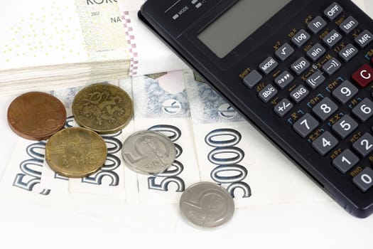 Czech money banknotes, coins and calculator, money concept