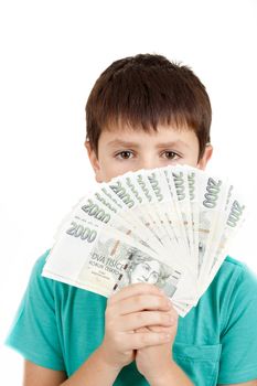 czech money, man boy holding a fan from czech crown banknotes