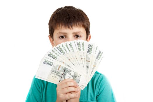 czech money, man boy holding a fan from czech crown banknotes