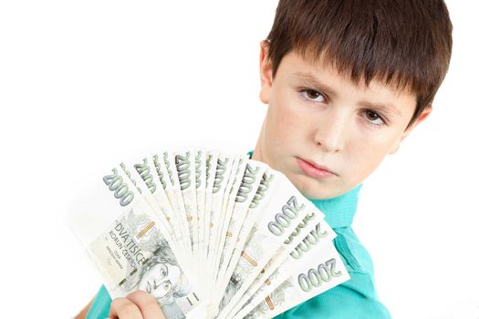 czech money, man boy holding a fan from czech crown banknotes