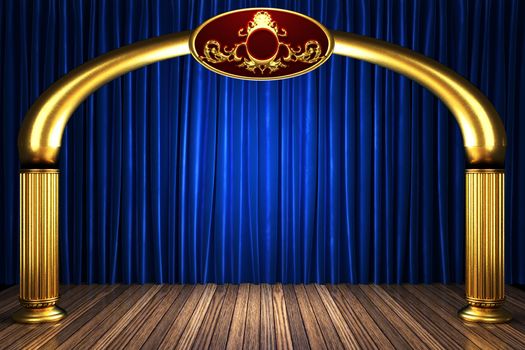 blue fabric curtain on golden stage