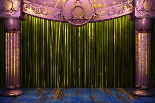 green fabric curtain on stage