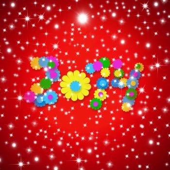 Cheerful Christmas Greeting card 2014 new year numbers made with multicolored flowers on red starry background