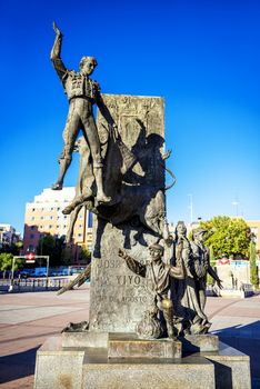 Madrid Landmark. Bullfighter sculpture in front of Bullfighting arena Plaza de Toros de Las Ventas in Madrid, a touristic sightseeing of Spain. 