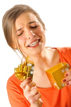 reaction of a girl when open a gift box isolated over white background