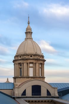 Close up on tower at Palace of Montjuic. Barcelona Palau Nacional, the national palace is today an art museum, close to plaza de espana in Barcelona Spain