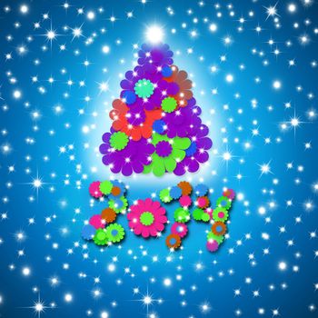 colorful and fun Christmas Card 2014 year tree and children made flowers on blue background with stars