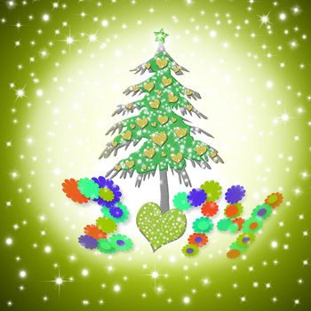 Christmas card 2014, funny love tree with hearts in starry background