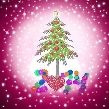 Lovely Christmas greeting card 2014 with shiny hearts tree on starry pink sky background