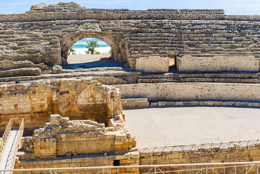 Tarragona, Spain - October 5, 2013: View at Roman Amphitheatre in Tarragona Spain.It is UNESCO World Heritage site.