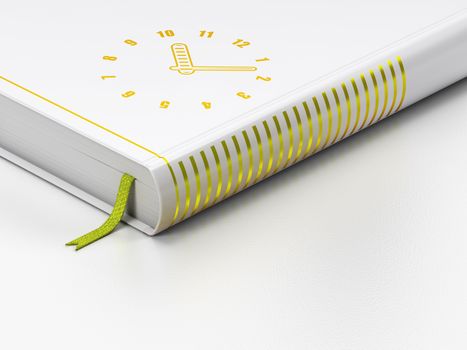 Timeline concept: closed book with Gold Clock icon on floor, white background, 3d render