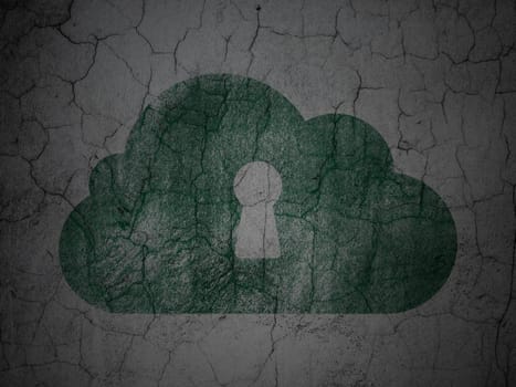 Cloud computing concept: Green Cloud With Keyhole on grunge textured concrete wall background, 3d render
