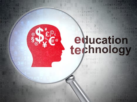 Education concept: magnifying optical glass with Head With Finance Symbol icon and Education Technology word on digital background, 3d render