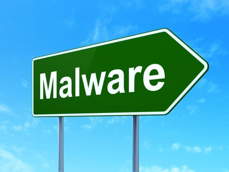 Safety concept: Malware on green road (highway) sign, clear blue sky background, 3d render