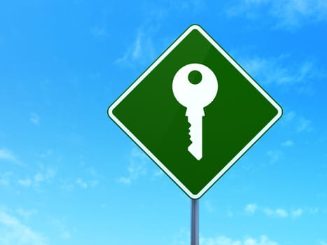 Privacy concept: Key on green road (highway) sign, clear blue sky background, 3d render