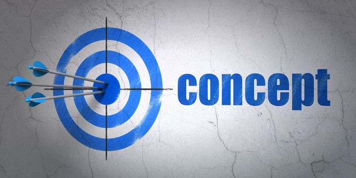 Success advertising concept: arrows hitting the center of target, Blue Concept on wall background, 3d render