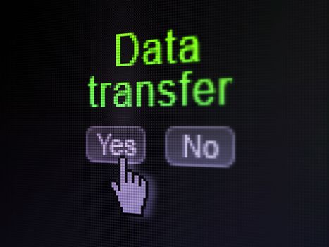 Data concept: buttons yes and no with pixelated word Data Transfer and Hand cursor on digital computer screen, selected focus 3d render