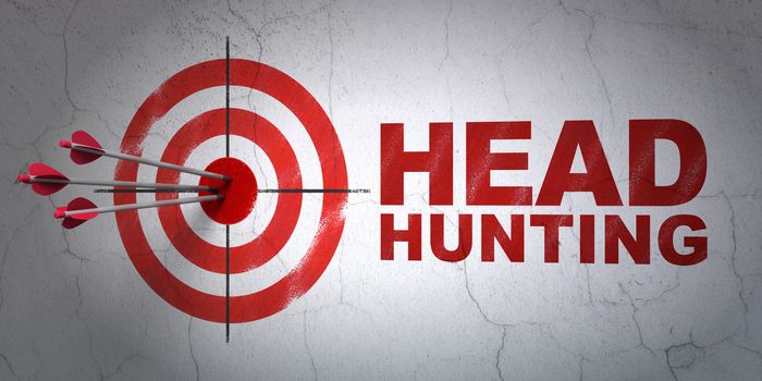 Success finance concept: arrows hitting the center of target, Red Head Hunting on wall background, 3d render