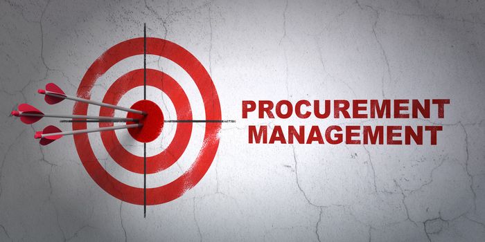 Success finance concept: arrows hitting the center of target, Red Procurement Management on wall background, 3d render