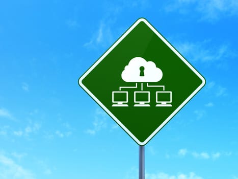 Privacy concept: Cloud Network on green road (highway) sign, clear blue sky background, 3d render