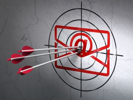 Success finance concept: arrows hitting the center of Red Email target on wall background, 3d render