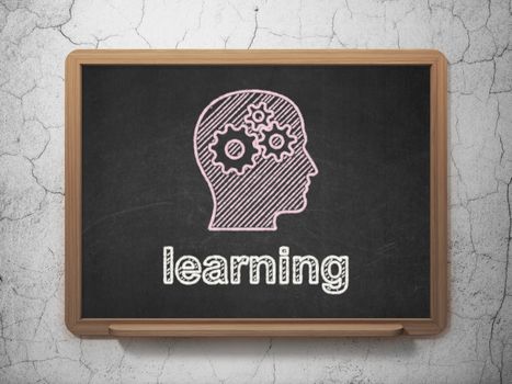 Education concept: Head With Gears icon and text Learning on Black chalkboard on grunge wall background, 3d render